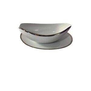 Sango Fine China Pallas Pattern Gravy Boat With Underplate Silver Rim Dinnerware